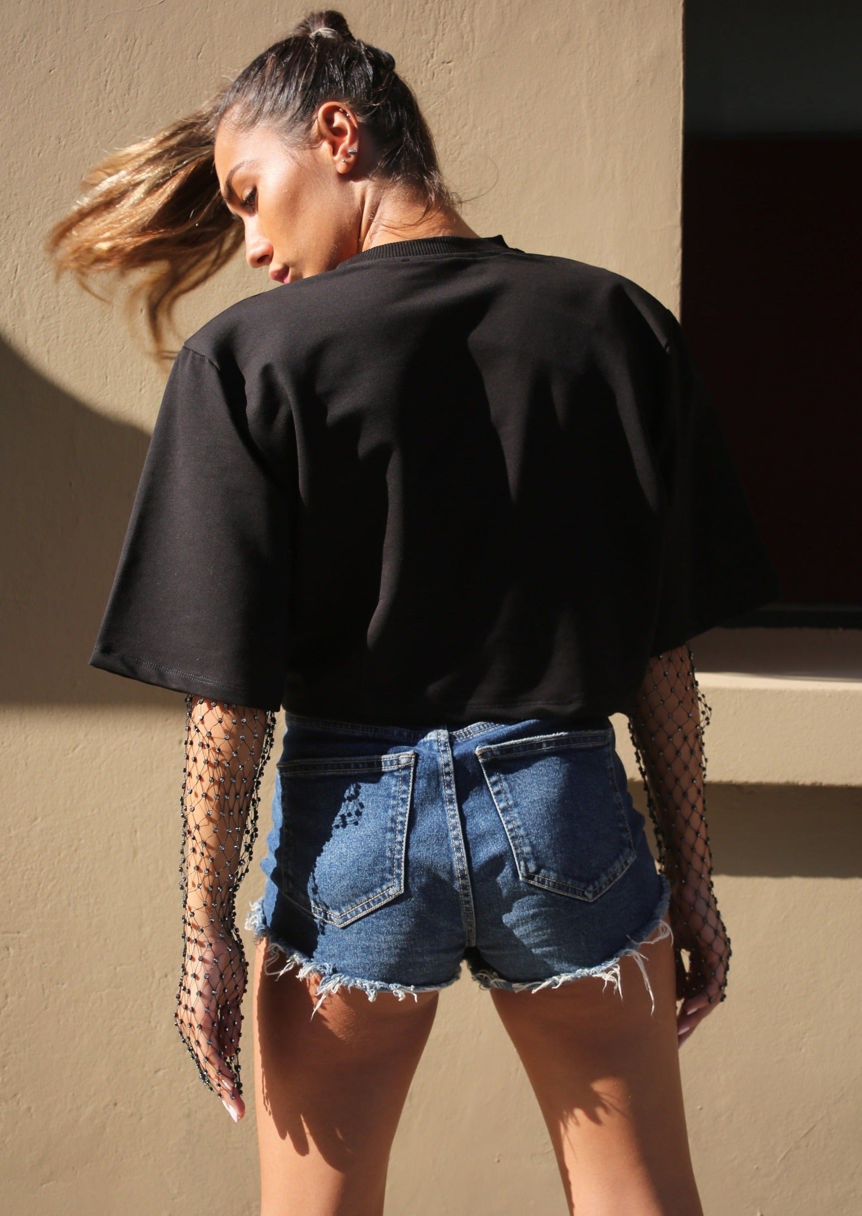 Power Shoulder Crop T-shirt With Mesh Sleeves